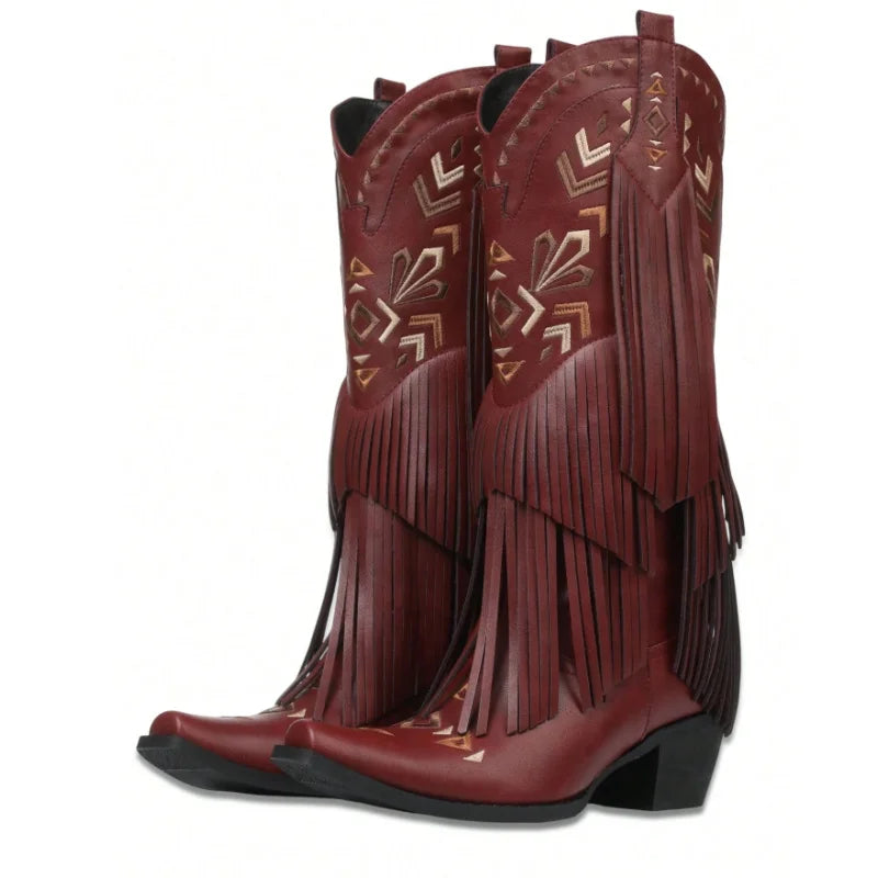 Women's Cowboy Boots Burgundy Pointed Toe Chunky Heel Cowboy Boots Wide Calf Knee High Boots Festival Shoes Country Concert Combat Boots For Women