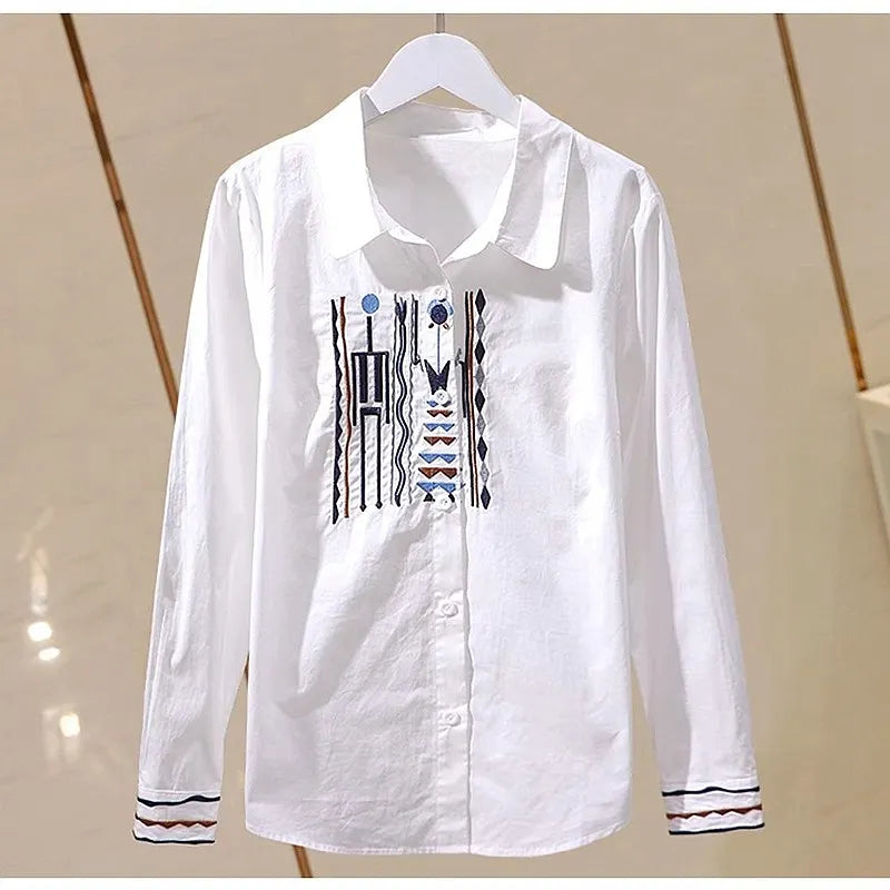 Designer-Inspired Vertical Stripe Slim-Fit Pure Cotton Embroidered Shirt Women Long Sleeve Blouse Ethnic Style