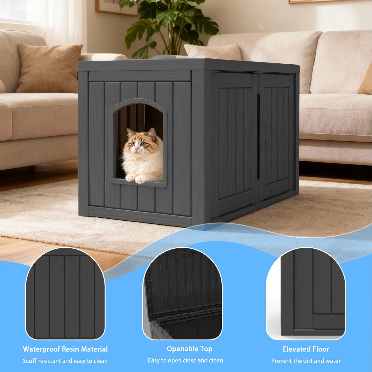 Hidden Resin Cat House with Double Front Doors, Weatherproof Indoor Outdoor Pet Shelter with Flat Lounge Top for Stray & House Cats