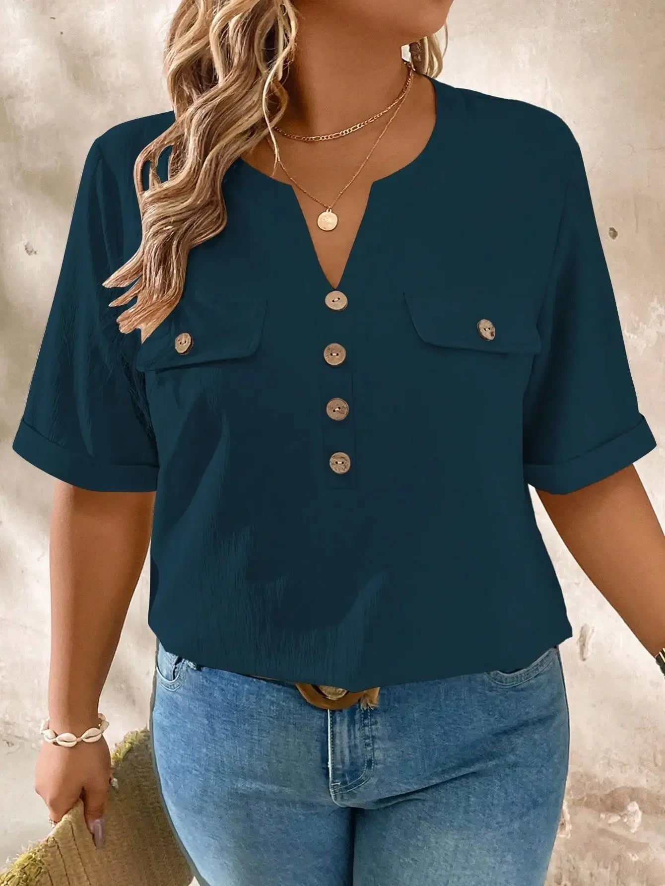 Casual V-Neck Short Sleeve Shirt With Wood Buttons
