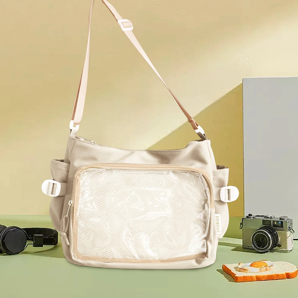 Women Ita Bag Japanese Style Shoulder Purse with Clear Window Teenagers School Bag Multi-pockets Adjustable Strap Chic Hobo Bag