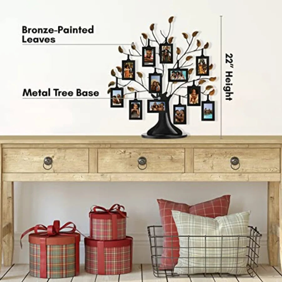 Family Tree Picture Frame - Includes 12 Hanging 2x3 Picture Frames - Adjustable Ribbon Tassels - Ideal as Mother's Day Gifts or