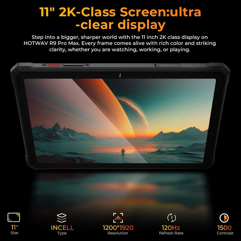 HOTWAV R9 Pro Max 5G Rugged Tablet 20080mAh Massive Battery 20W Fast Charging Android 16 Pad 11'' FHD+ 2K 120Hz Display 8GB RAM 256GB ROM/2TB Expansion 64MP+16MP+20MP Night Vision Tablet PC With Stylus Pen, OTG/GPS