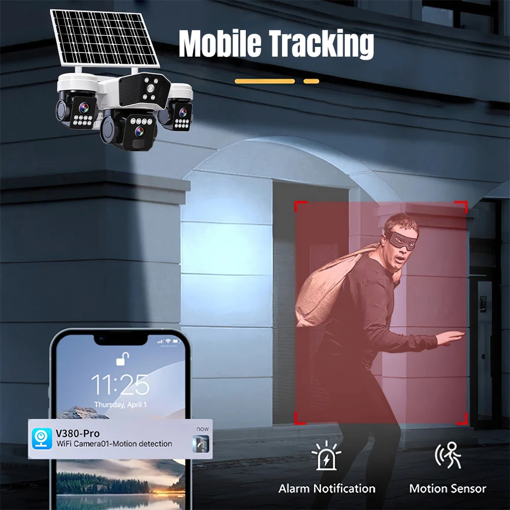 6MP Three Lens Solar Security Camera Wireless WiFi Outdoor PTZ Camera 3 Screen Full Color Night Vision Motion Detection Sound Light Alarm IP66 Waterproof Surveillance Cam