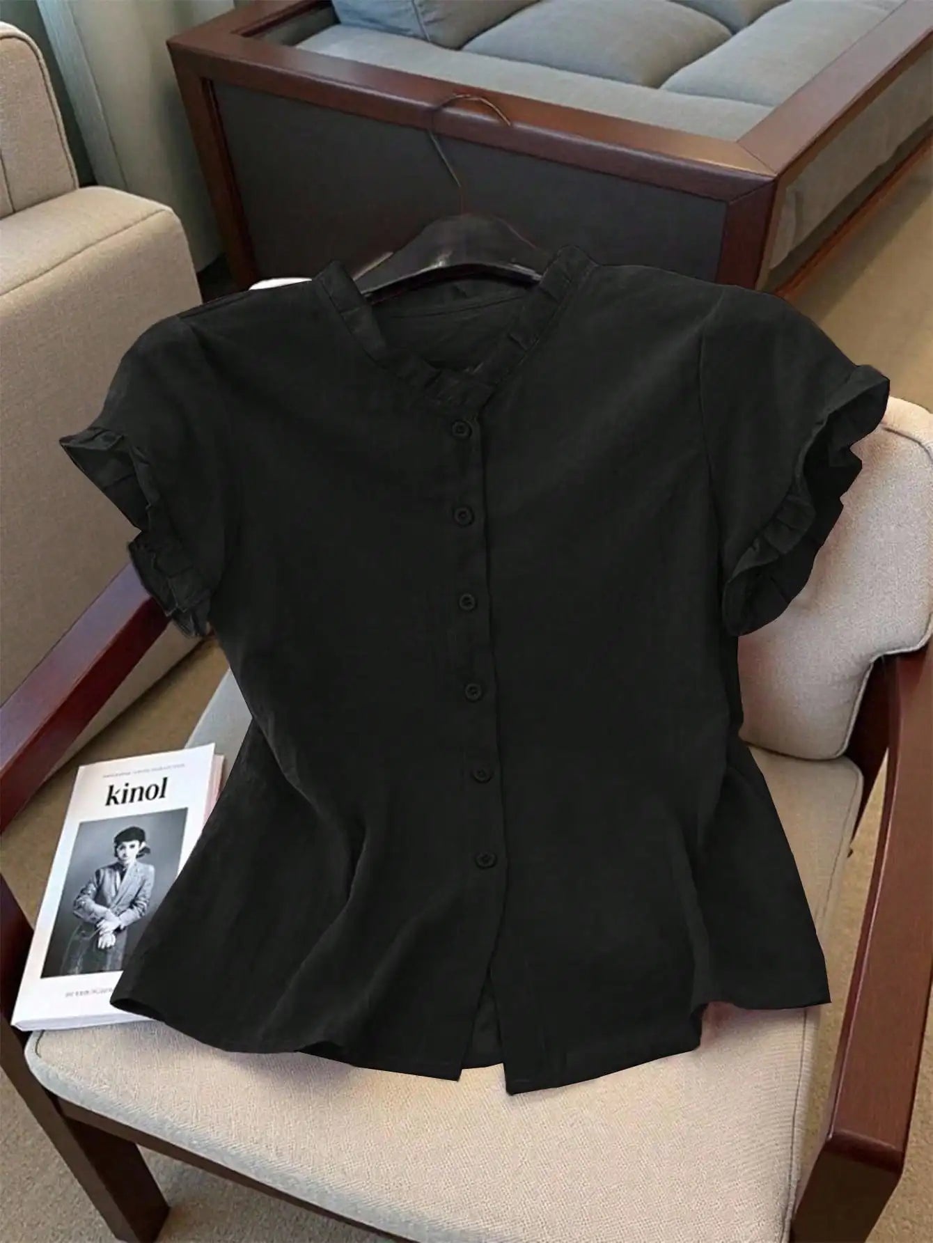 Women's Casual Pink Ruffled Collar Short Sleeve Button Up Blouse