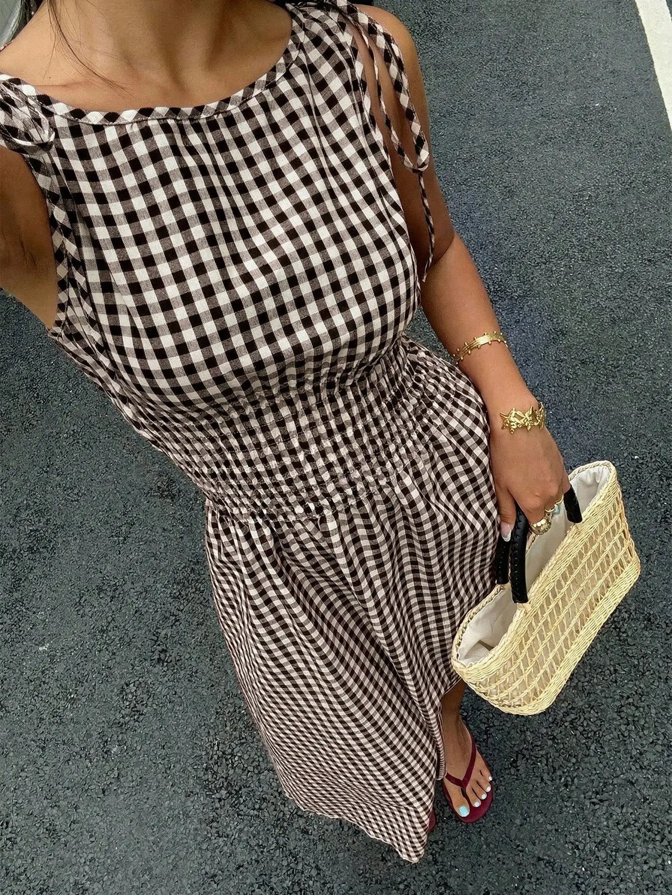Blue Striped Midi Dress With Smocked Waist, Tie-Shoulder Detail, And Flowy Fit For Casual, Beach, Or Party Occasions