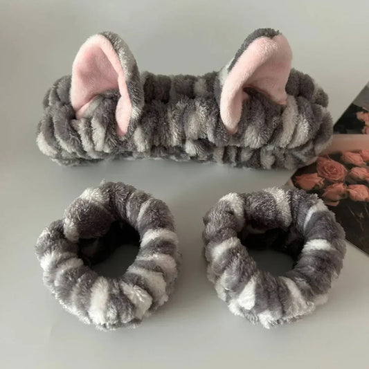 3pcs/set Cute Cat Ear Leopard Print Plush Headband For Women Girls Spa Washing Face and Makeup Headband Elastic Wrist Strap