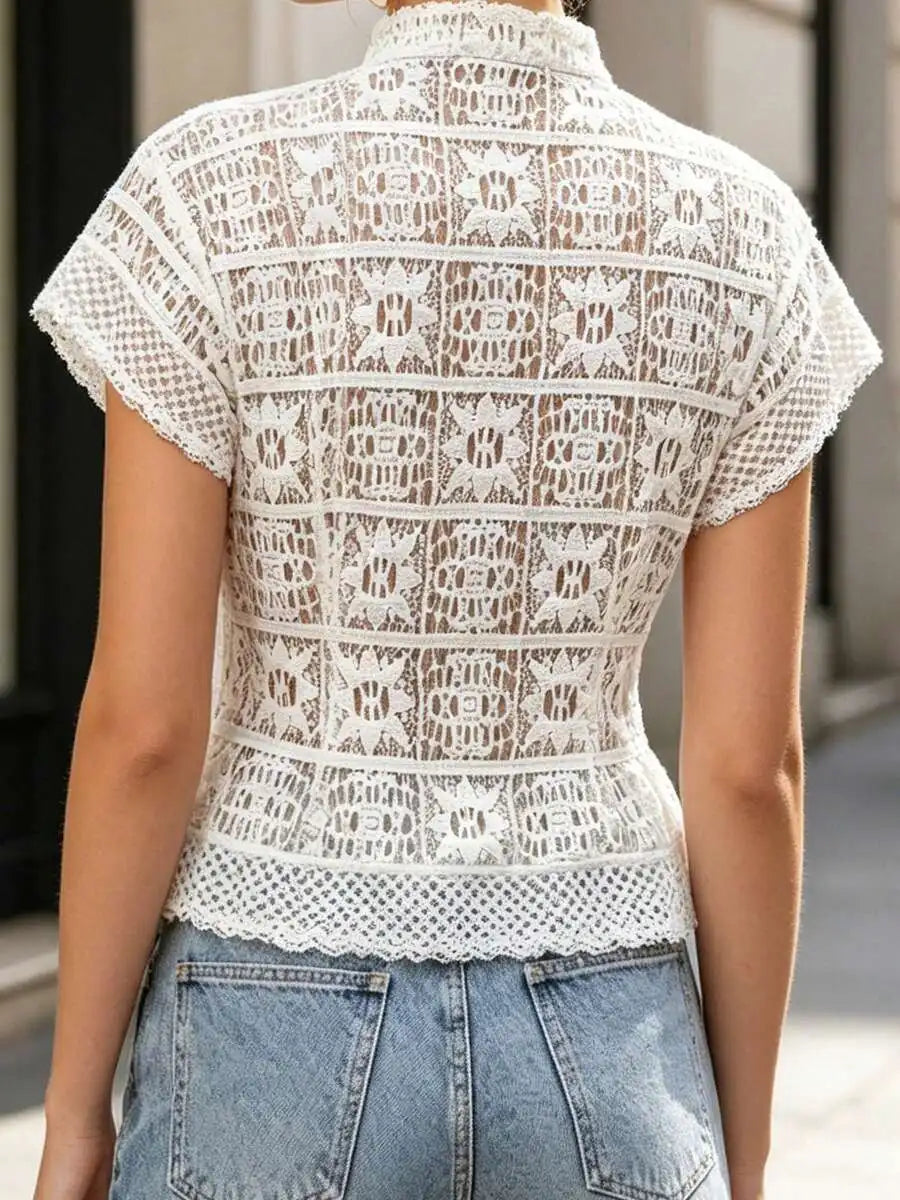Elegant Lace High Neck Flutter Sleeve Blouse Vintage Crochet Openwork Top Summer
