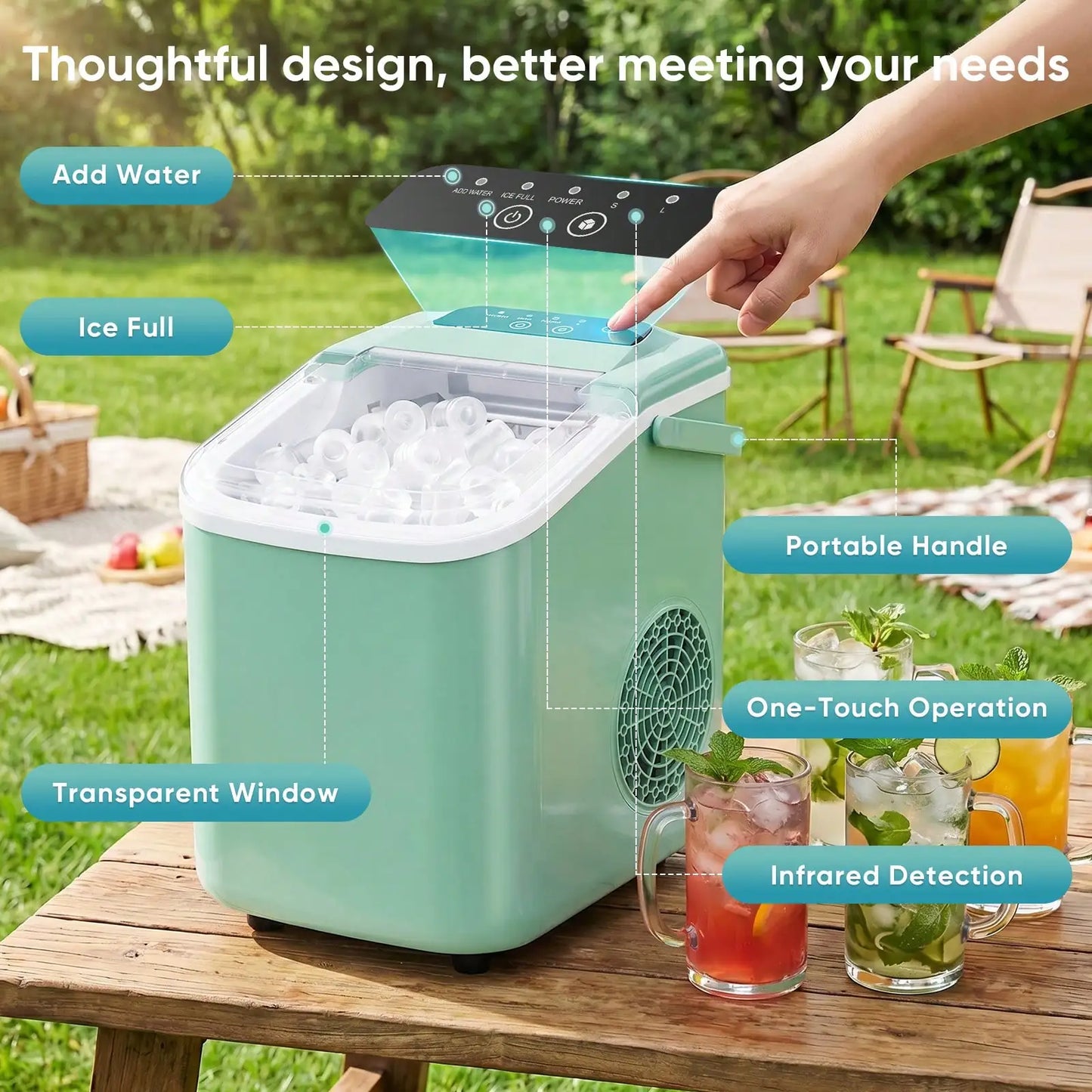 Nugget Ice Makers Countertop, Portable Nugget Ice Machine, Ready In 6 Mins, 24lbs In 24Hrs, Auto-Cleaning, With Basket And Scoop, For Home, Kitchen, RV, Camping, Green