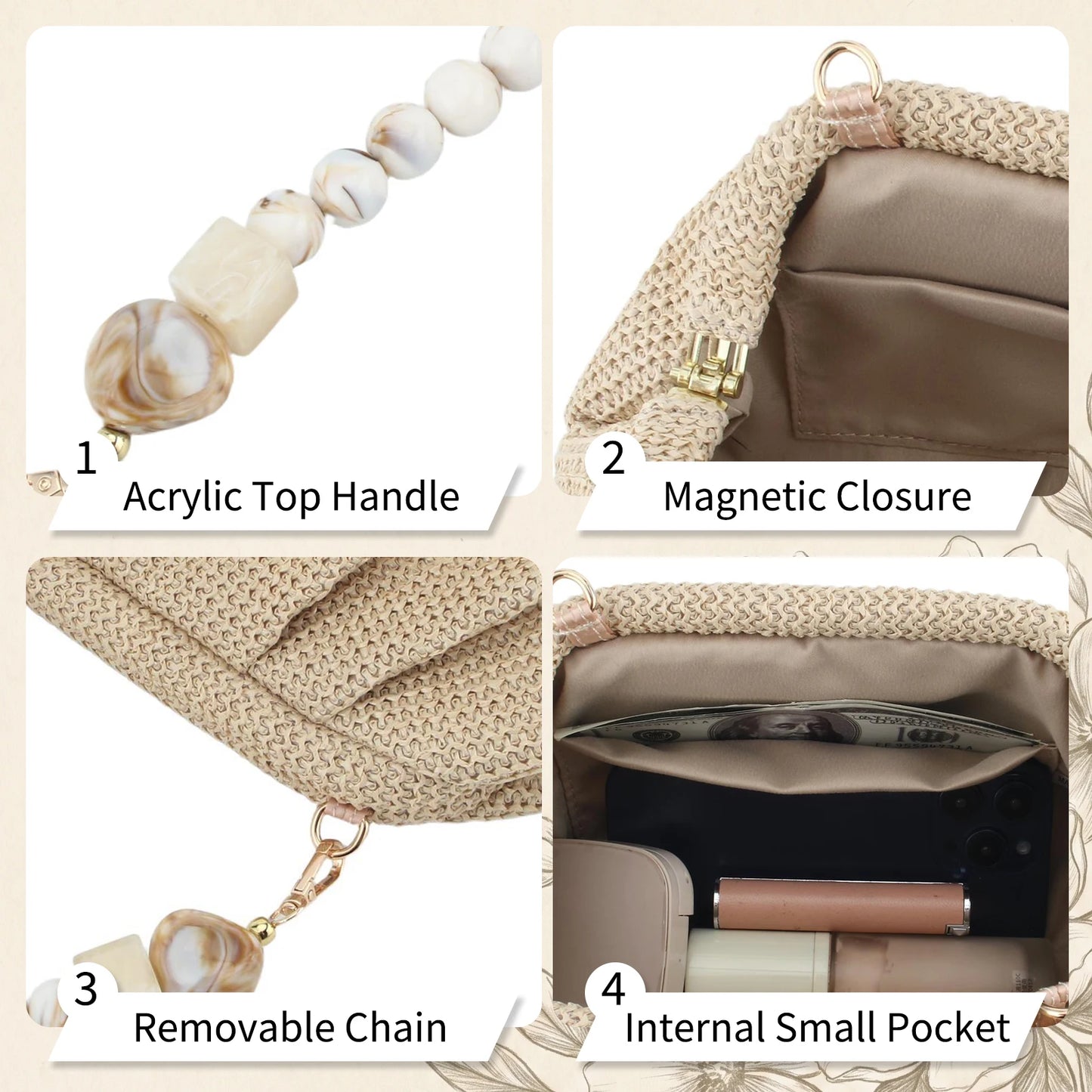 2026 New Women Straw Woven Bags Chain Strap Straw Clutch Purse Large Capacity Stylish Handheld Crossbody Bag Totes for Summer Beach Holiday