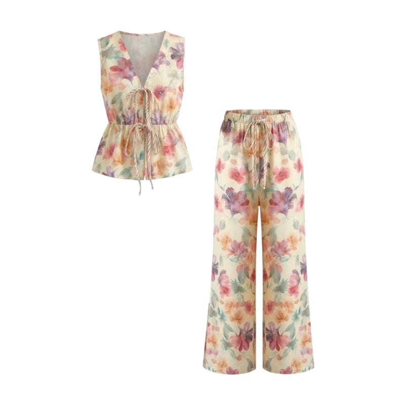 Pant Suit V Neck Sleeveless Drawstring Waist Floral Print Split Hem Wide Leg Trousers Matching Outfit For Women Holiday Picnic Soft Elegant Wear