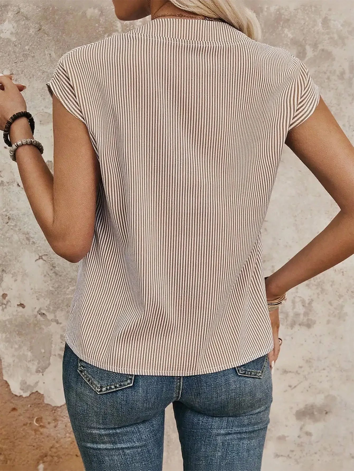 Women's Casual Striped V-Neck Batwing Sleeve Blouse Summer