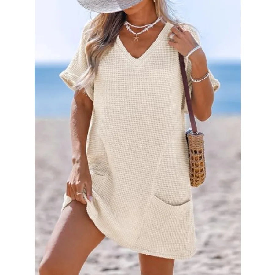 CUPSHE Swimsuit Coverup for Women Waffle Knit V Neck Short Sleeve Beach Coverup Dress with Pockets