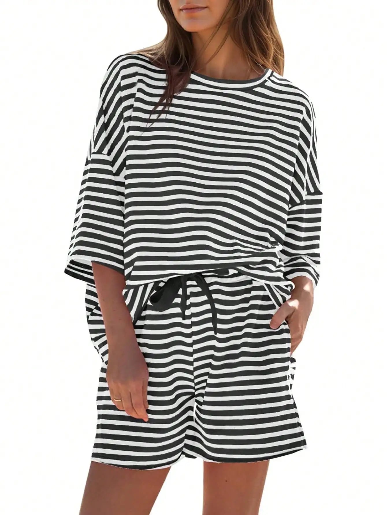 Womens Striped Athleisure 2 Piece Outfits Sweatsuit 3/4 Sleeve Oversized Tops High Waisted Shorts Casual Cozy Striped Lounge Set