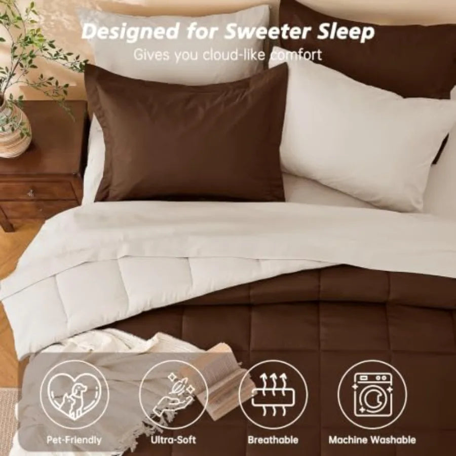 7 Pieces Brown Comforter Set Queen Size, Reversible Bed in a Bag Queen, All Season Bedding Set with Comforter, Flat and Fitted