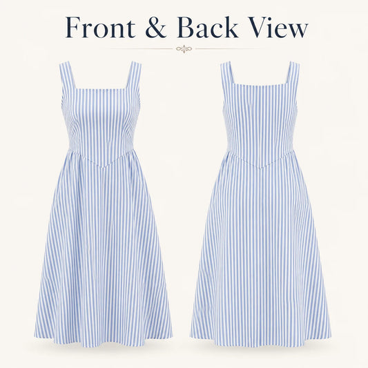 Women Summer Striped Square Neck Cami Midi Dress Sleeveless High Waist A Line Flowy Sundress Casual Vacation Tank Dresses Green Dark Blue Light Blue Pink Grey S-XXL