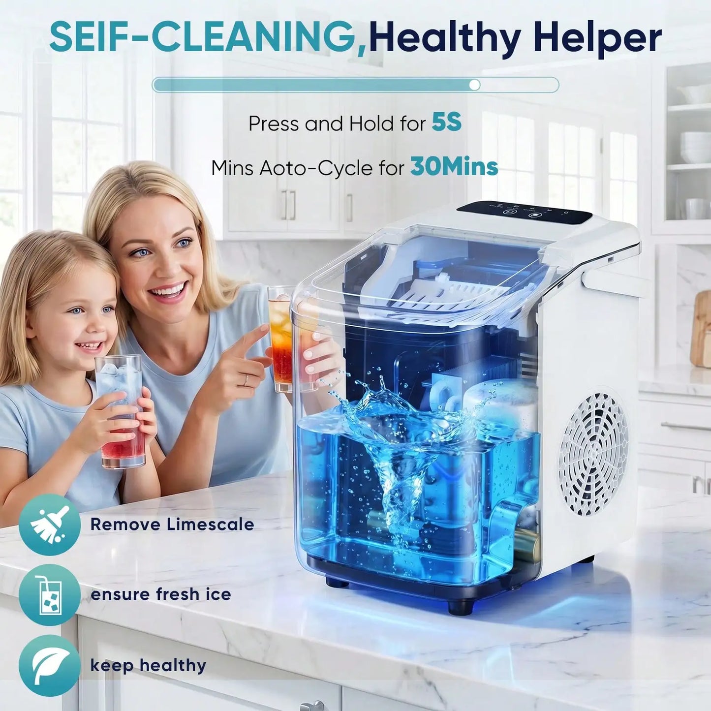 Nugget Ice Makers Countertop, Portable Nugget Ice Machine, Ready In 6 Mins, 24lbs In 24Hrs, Auto-Cleaning, With Basket And Scoop, For Home, Kitchen, RV, Camping, Green