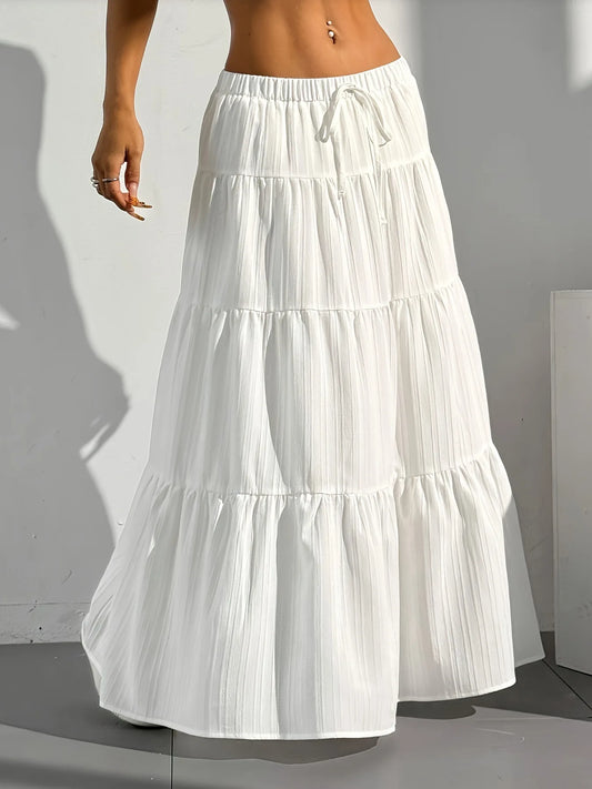 Flared Long Skirt Spring Summer Women Euro American Loose Tie Strap Splice Midi Skirt Light Soft Fabric Flowy Vacation Daily Casual Bottoms