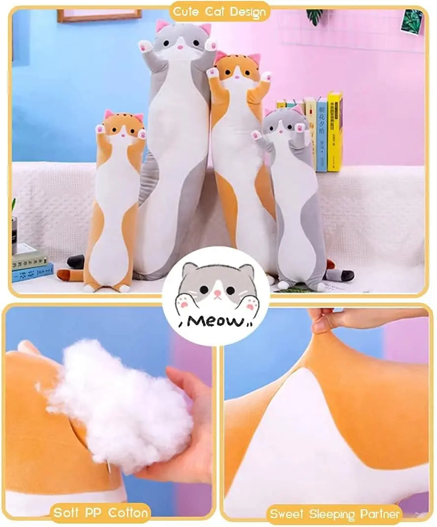 Cute Cat Plush Long Body Pillow, Soft Stuffed Animal Doll for Kids Girls, Gray 19 Inches