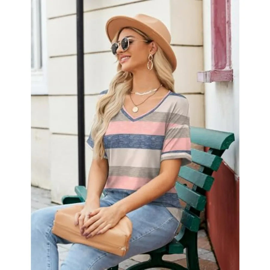 Zeagoo Womens Summer Tops Short Sleeve Casual Shirts Floral Tee Trendy 2026 Basics V Neck Plain Tshirt