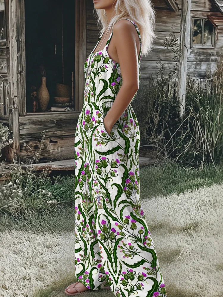 Women's Boho Floral Print Jumpsuit, Casual Summer Spaghetti Strap Wide-Leg Romper, Beach Vacation Jumpsuit with Pockets