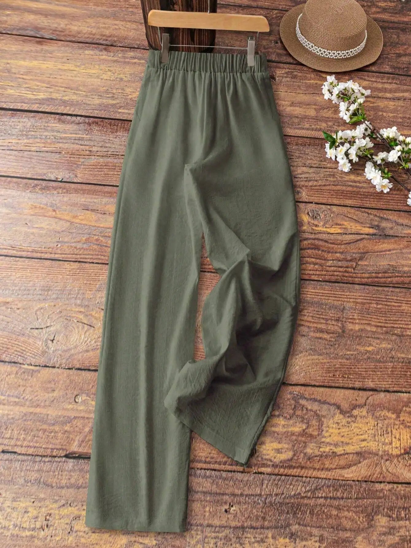 Casual Solid Drawstring Waist Wide Leg Pants For Women
