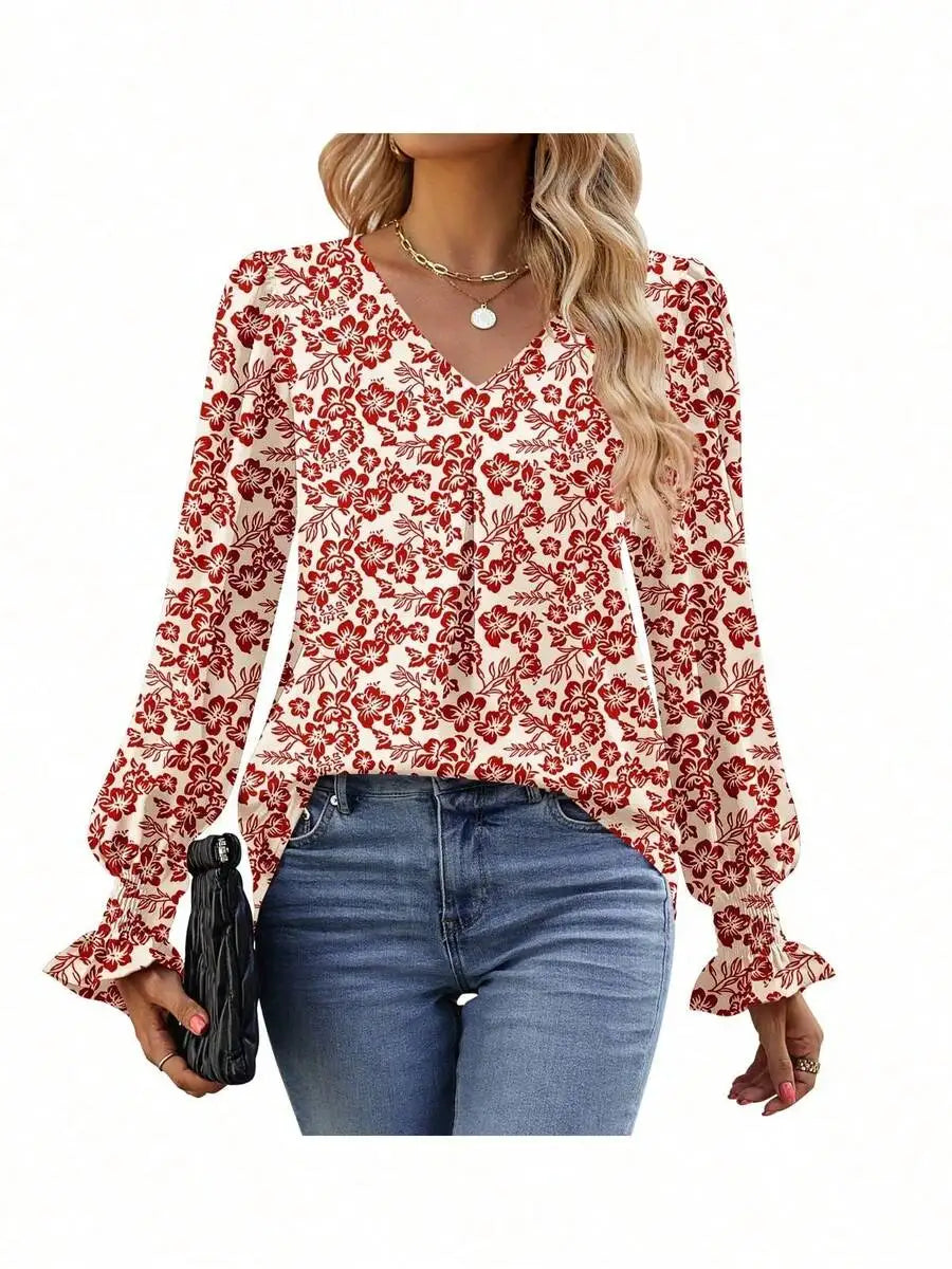 Womens Long Sleeve V Neck Loose Chiffon Blouse Casual Elegant Tunic Top