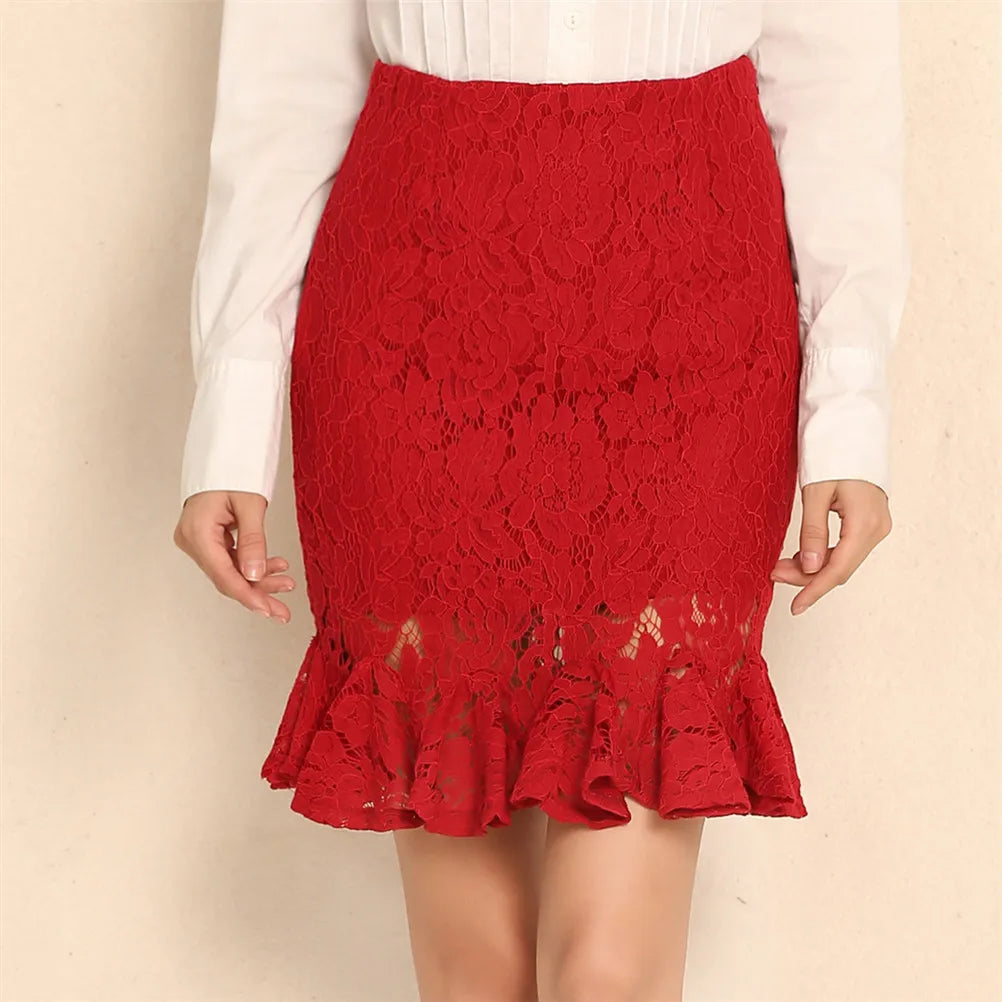 Office Lace Skirt Women Sexy High Waist Pencil Skirt One Step Formal Ruffle