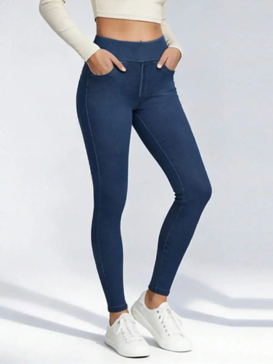 Women High Waisted Stretchy Skinny Jeans With Pockets Tummy Control Jeggings Pull On Denim