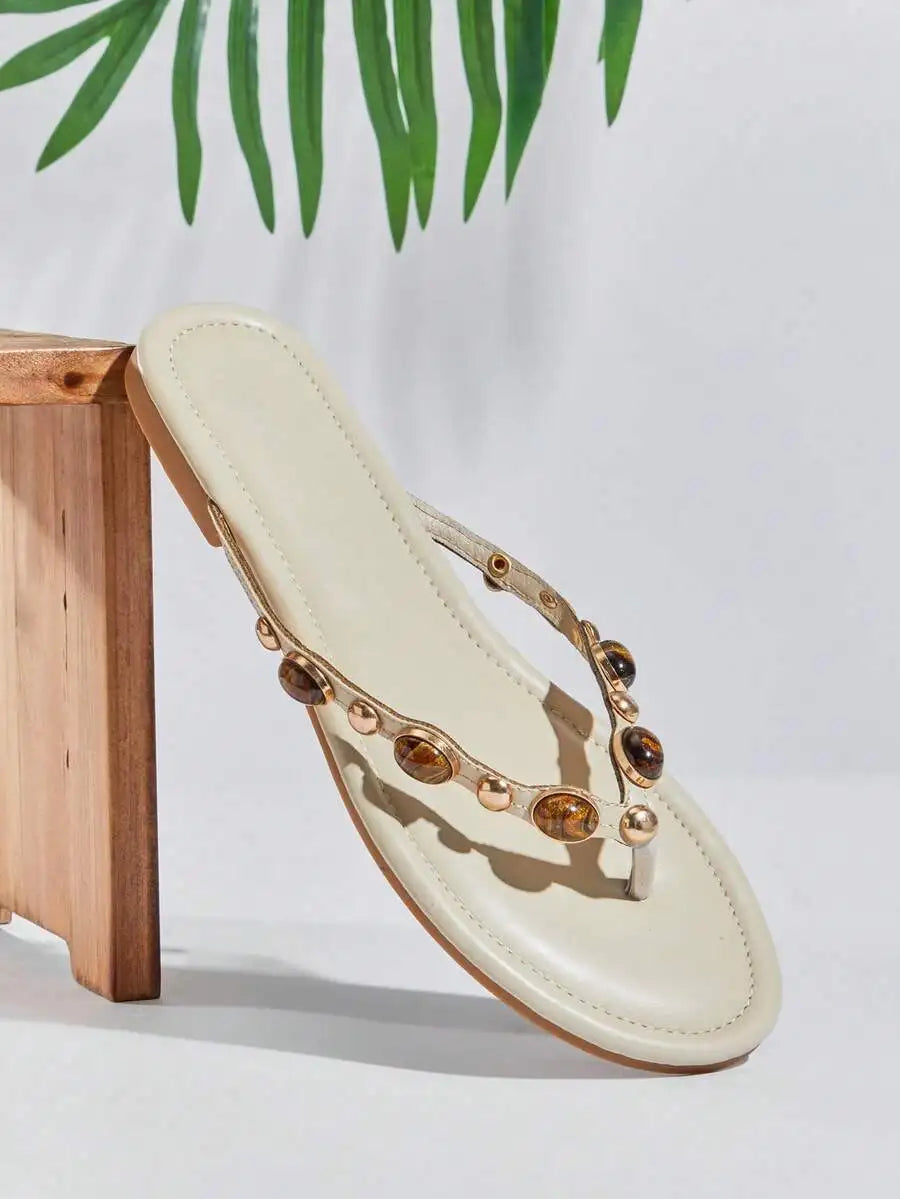 Women's Gemstone Decor Thong Flat Sandals, Punk Chic Edgy Design, Fashion Comfy Summer Casual Shoes