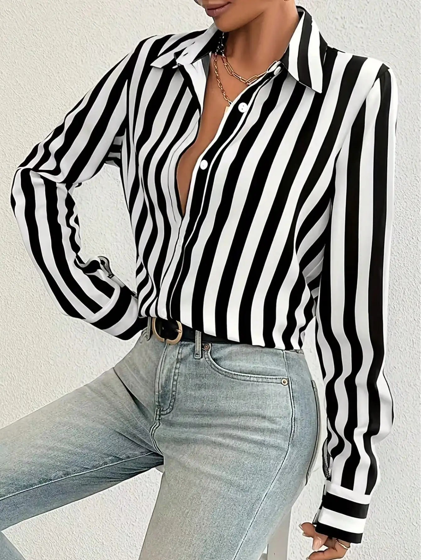 Women Striped Long Sleeve Single Breasted Casual Shirt For Autumn Spring Daily Wear