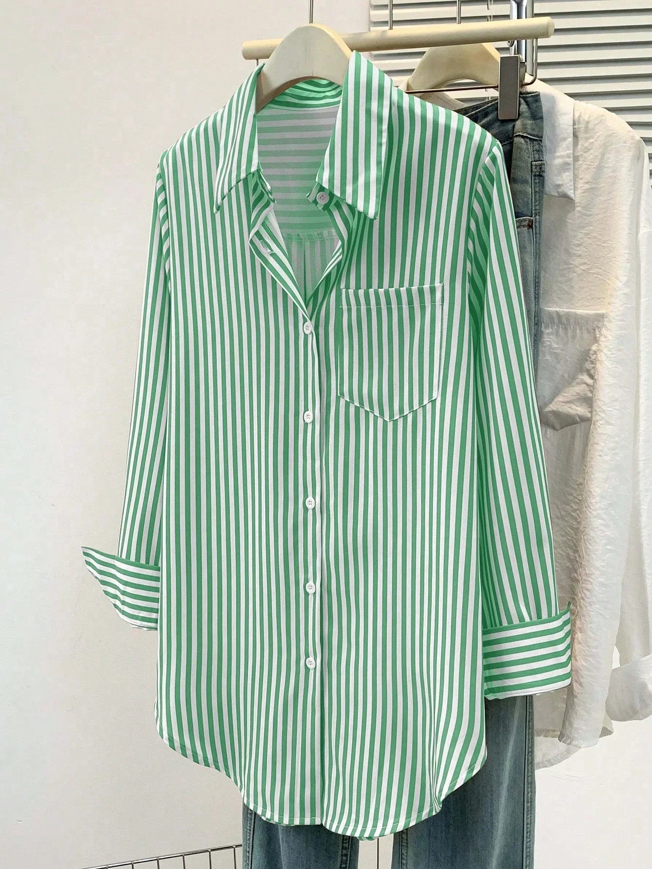Womens Casual Striped Pointed Collar Long Sleeve Button-Up Shirt
