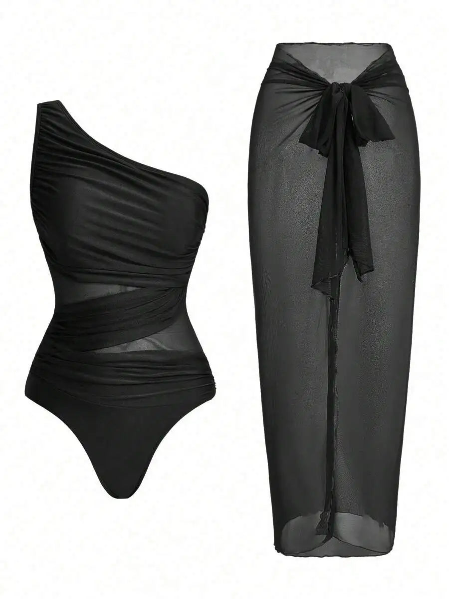 One Piece Ruched Swimsuit With Sarong Cover Up For Women Summer Beach
