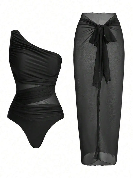 One Piece Ruched Swimsuit With Sarong Cover Up For Women Summer Beach