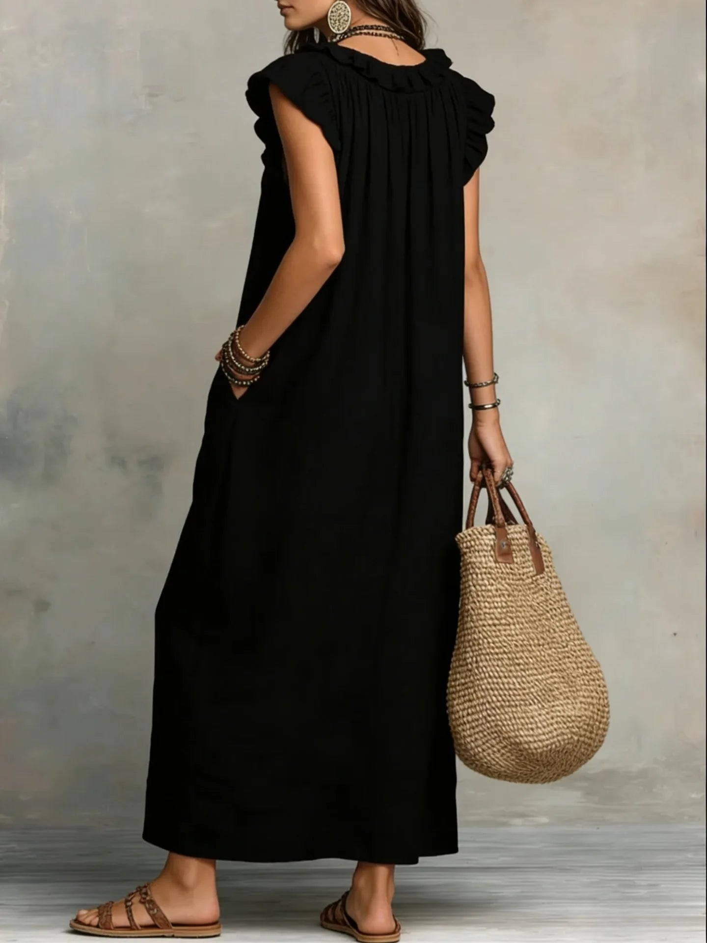 Women's Retro Bohemian Ruffle Linen Maxi Dress, Ruffle V-Neck Sleeveless Loose Summer Dress with Pockets, Summer Casual High-Waist Loose Beach Maxi Dress, Sunny Dress with Flutter Sleeves and Floor-Length Skirt