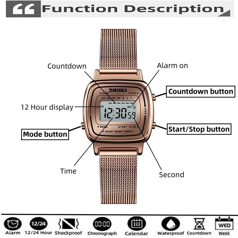 Skmei Women Bracelet Dress Watches Luxury Brand Stainless Steel Strap Fashion Waterproof Digital Chronograph Wristwatch