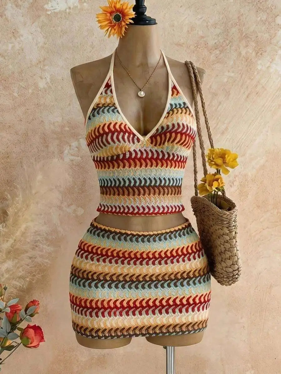 Womens 2-Piece Vacation Set: Halter Neck Floral Top & Matching Skirt, Beach Summer Outfit
