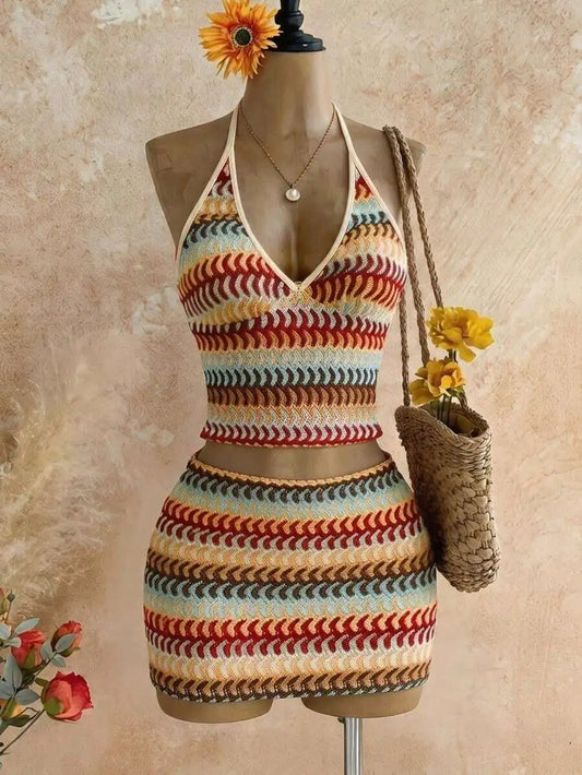 Womens 2-Piece Vacation Set: Halter Neck Floral Top & Matching Skirt, Beach Summer Outfit