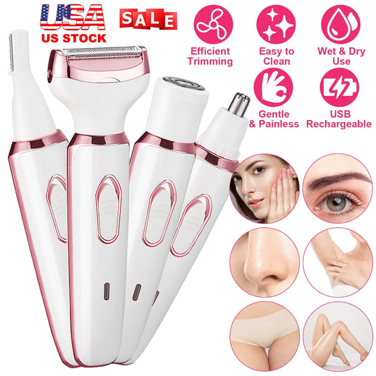 4-in-1 Electric Razor for Women - USB Rechargeable Painless Grooming Kit, Wet & Dry Trimmer for Eyebrow, Nose, Bikini, Legs & Face, Rose Pink, Portable Travel Epilator, Waterproof Hair Removal Tool for Sensitive Skin, All-in-