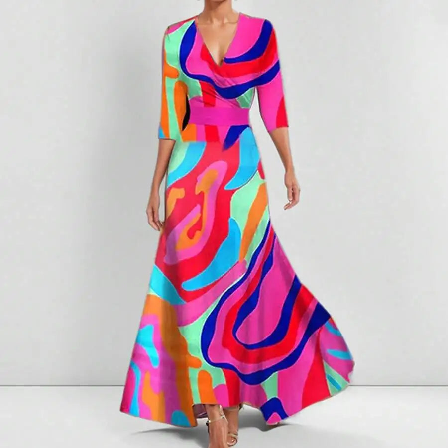 Elegant V-Neck Floral Print Waist-Cinching Floor-Length Dress For Women