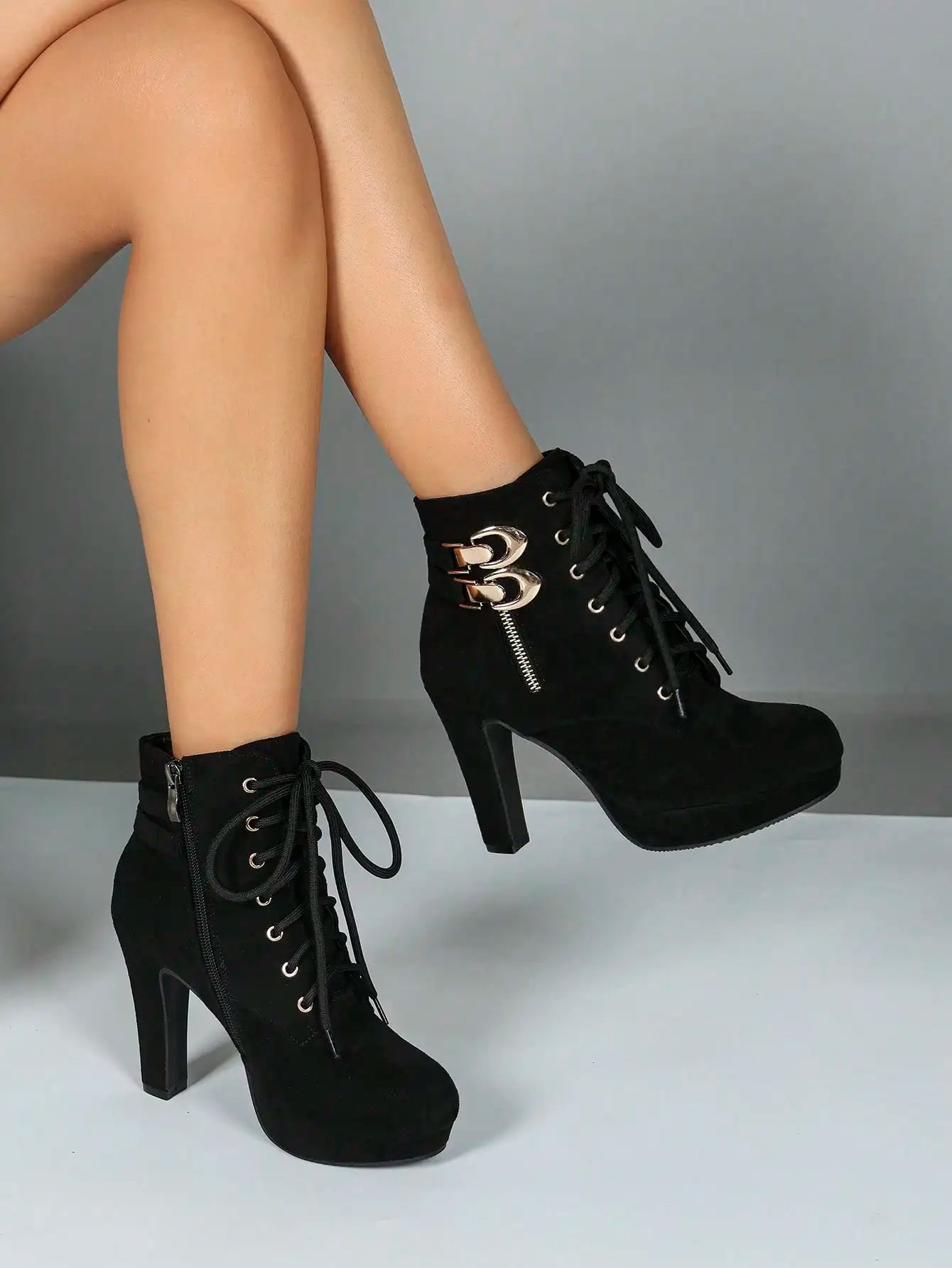Women's Black Suede Platform Ankle Boots, Lace-Up Chunky High Heel Booties with Metal Buckle, Side Zipper