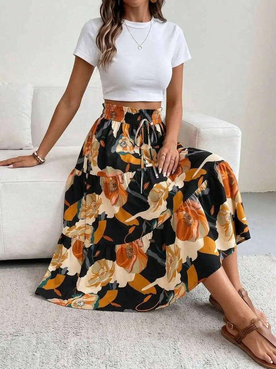 Boho Floral Print Tiered Ruffle Midi Skirt Women High Waist Elastic A-Line Flowy Summer Skirt