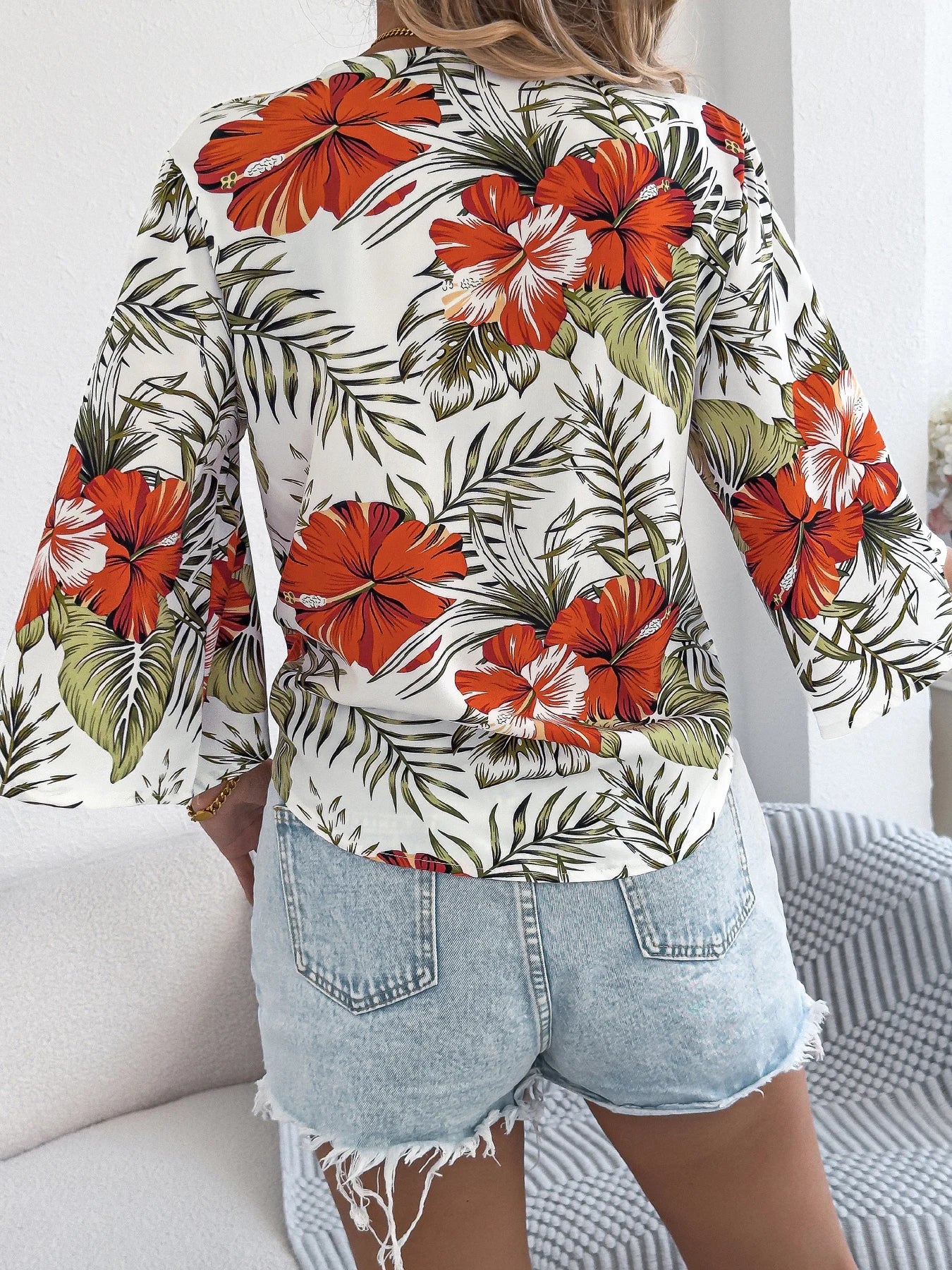 Women Bohemian Floral Print V Neck Button Front Tie Waist Shirt Blouse 3 4 Sleeve Vacation Tops