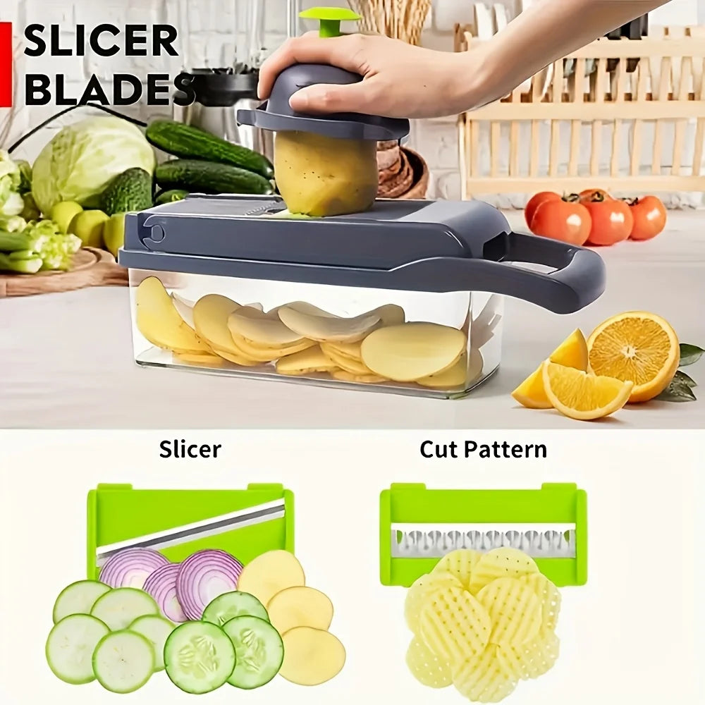 16-in-1 Manual Vegetable Chopper with Container & 8 Blades - Easy Onion, Carrot, Garlic Slicer - Father's Day Kitchen Gift