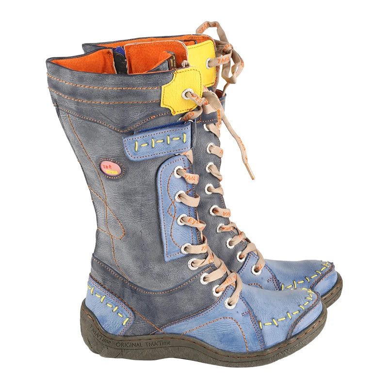 TMA EYES New Women'S Mid-Calf Boots Retro Handmade Lace-Up Winter Snow Boots Casual Warm Comfortable Footwear