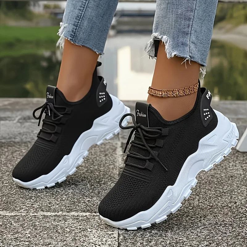 Women Chunky Platform Dad Sneakers, Knit Mesh Lace Up Wavy Sole Casual Shoes, Thick Bottom Non-slip Walking Trainers, Breathable Lightweight Fashion Athletic Shoes, Versatile Daily Outdoor Running Footwear For All Seasons