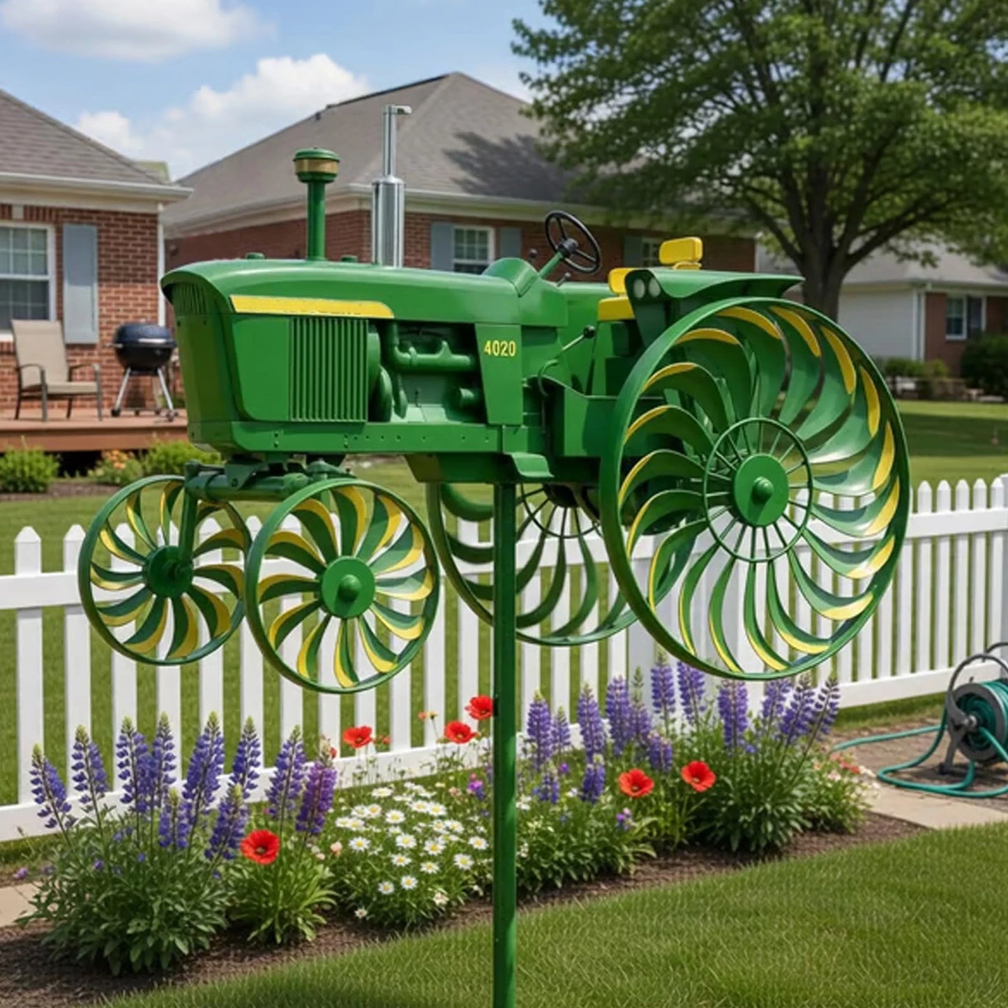Green Tractor Garden Windmill with Rotating Wheels Yard Ground Stake Windmill Windmill Stake for Yard Lawn & Outdoor Decoration