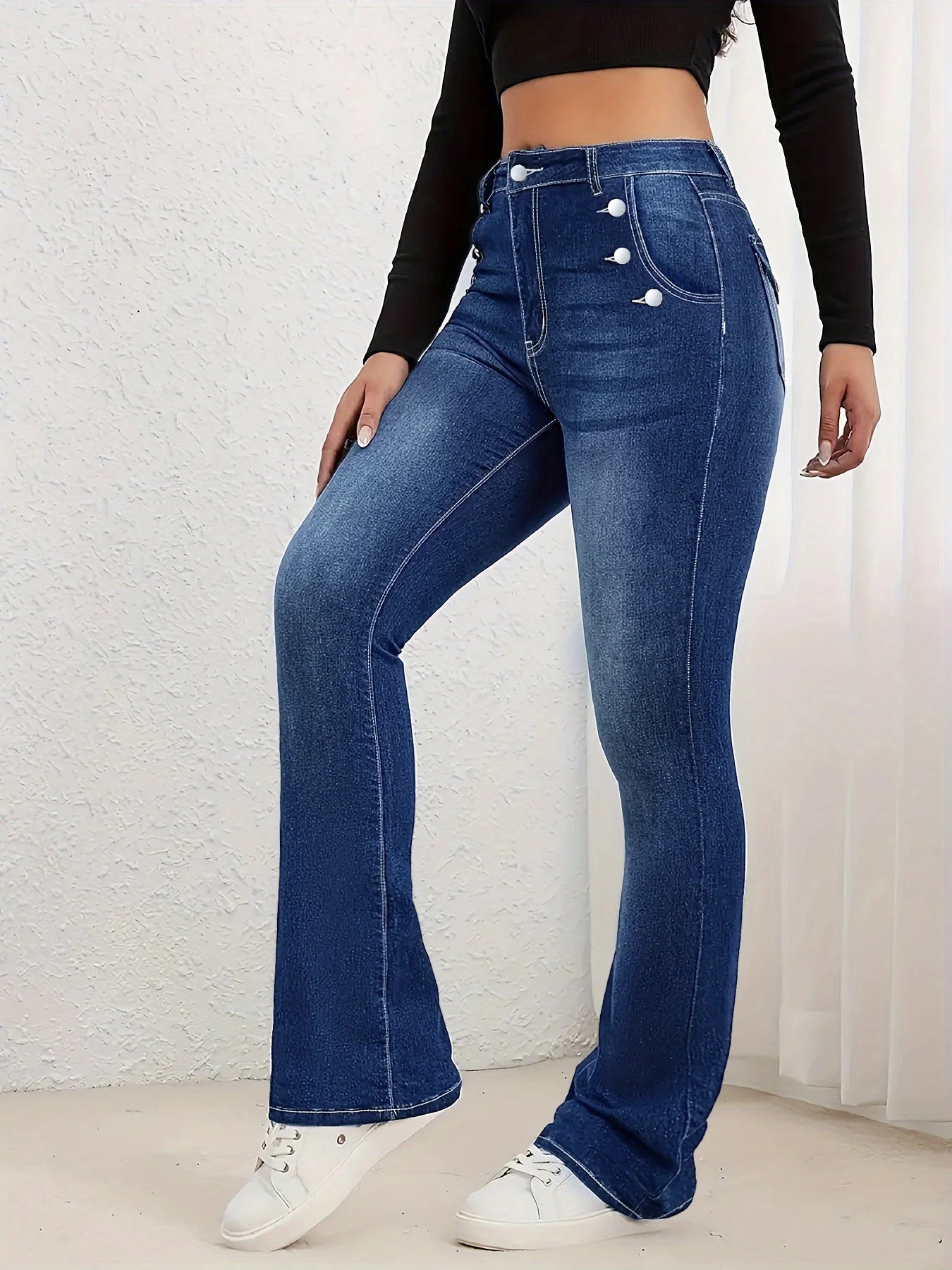 Women's Plus Size Dark Blue Washed Side Double Row Button Detail Denim Flare Pants, Stretchy Hip-Lifting Retro Commute Pants