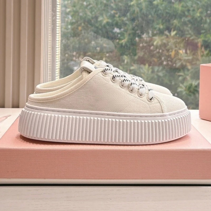 Spring Summer New Women's Genuine Leather Thick Sole Plain Color Letter Print Cookie Sneakers Casual All-Matching White Shoes