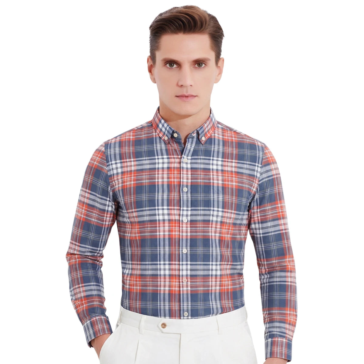 Men's Plaid Striped Button Down Shirts Spring Fall Cotton Long Sleeve Oxford Dress Shirts with Pocket